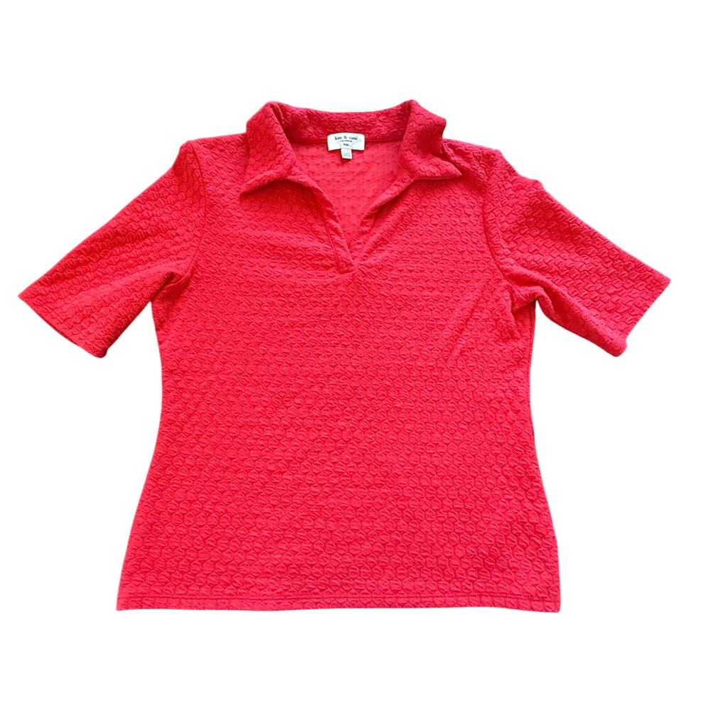 Kim & Cami Womens Large Red Textured Short Sleeve Polo V-Neck Pullover Top